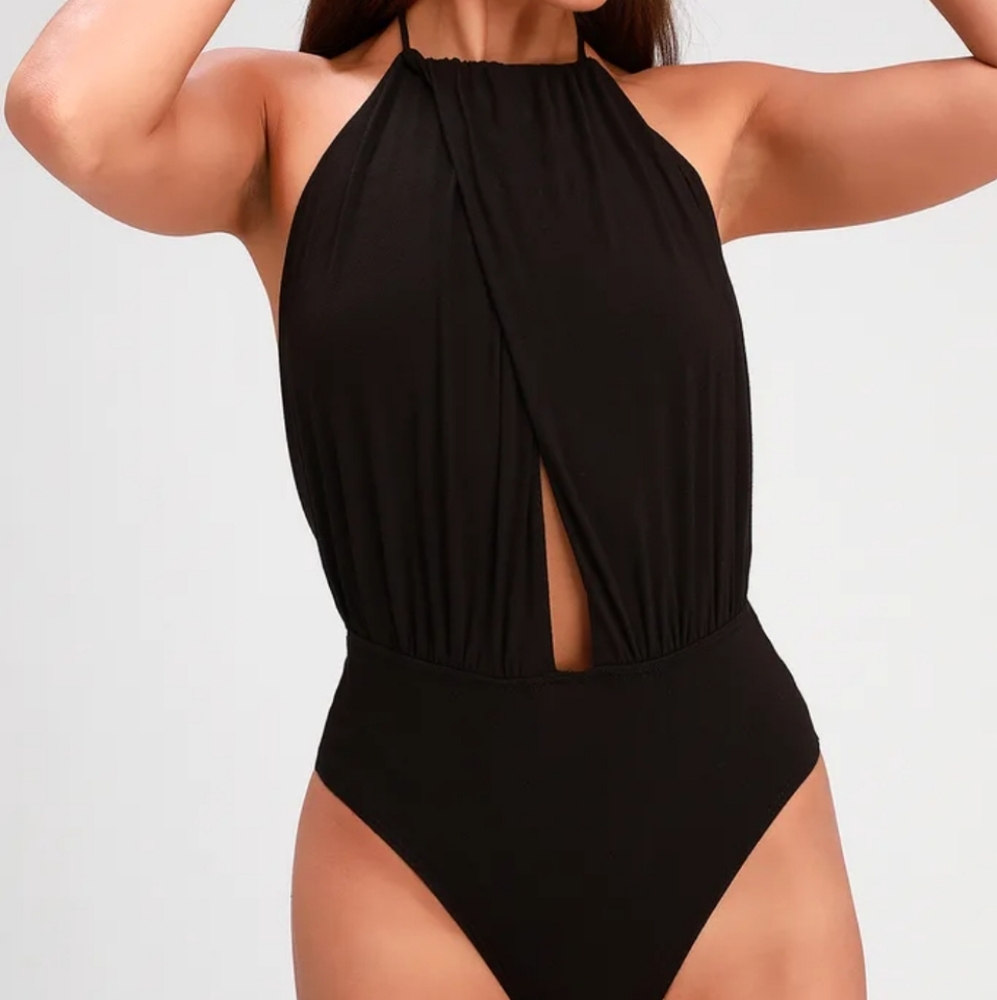 Lulus Take the Stage Black Backless Halter Bodysuit